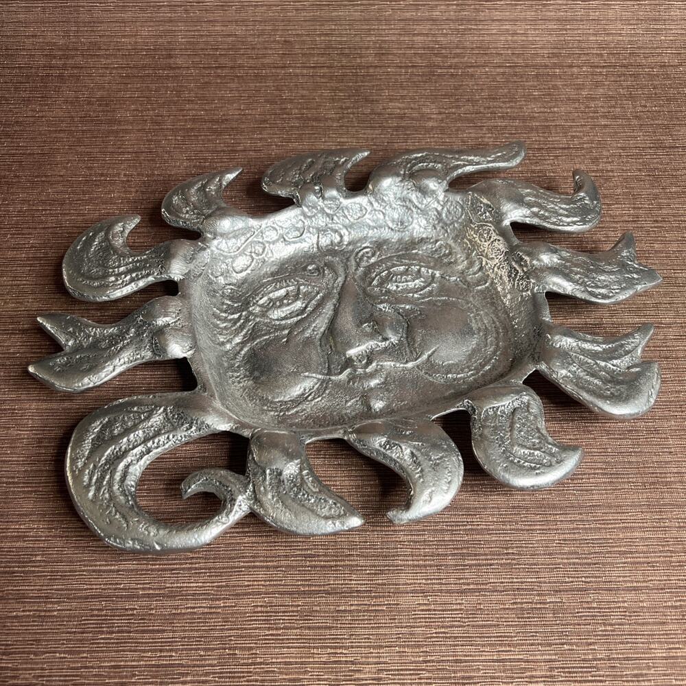 Vintage Don Drumm Aluminum Sun Face Platter, Signed Cast Metal Wall Art, 1977